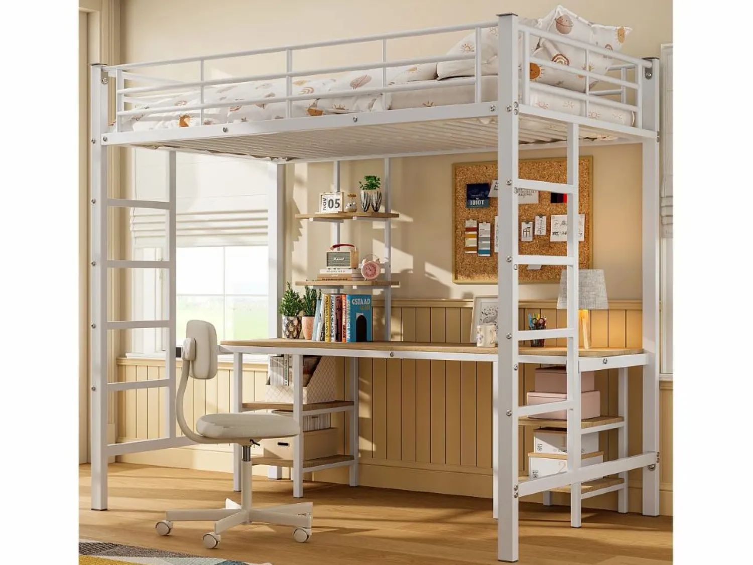 Hot Cama alta infantil - 90 x 200 cm - con mesa y estantes de almacenaje - hierro + MDF - Cama Alta|Cama Infantil