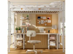 Hot Cama alta infantil - 90 x 200 cm - con mesa y estantes de almacenaje - hierro + MDF - Cama Alta|Cama Infantil