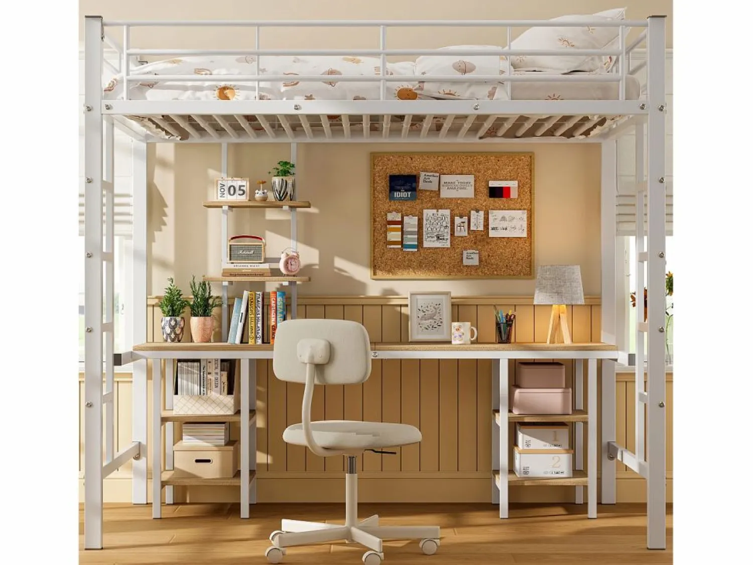 Hot Cama alta infantil - 90 x 200 cm - con mesa y estantes de almacenaje - hierro + MDF - Cama Alta|Cama Infantil