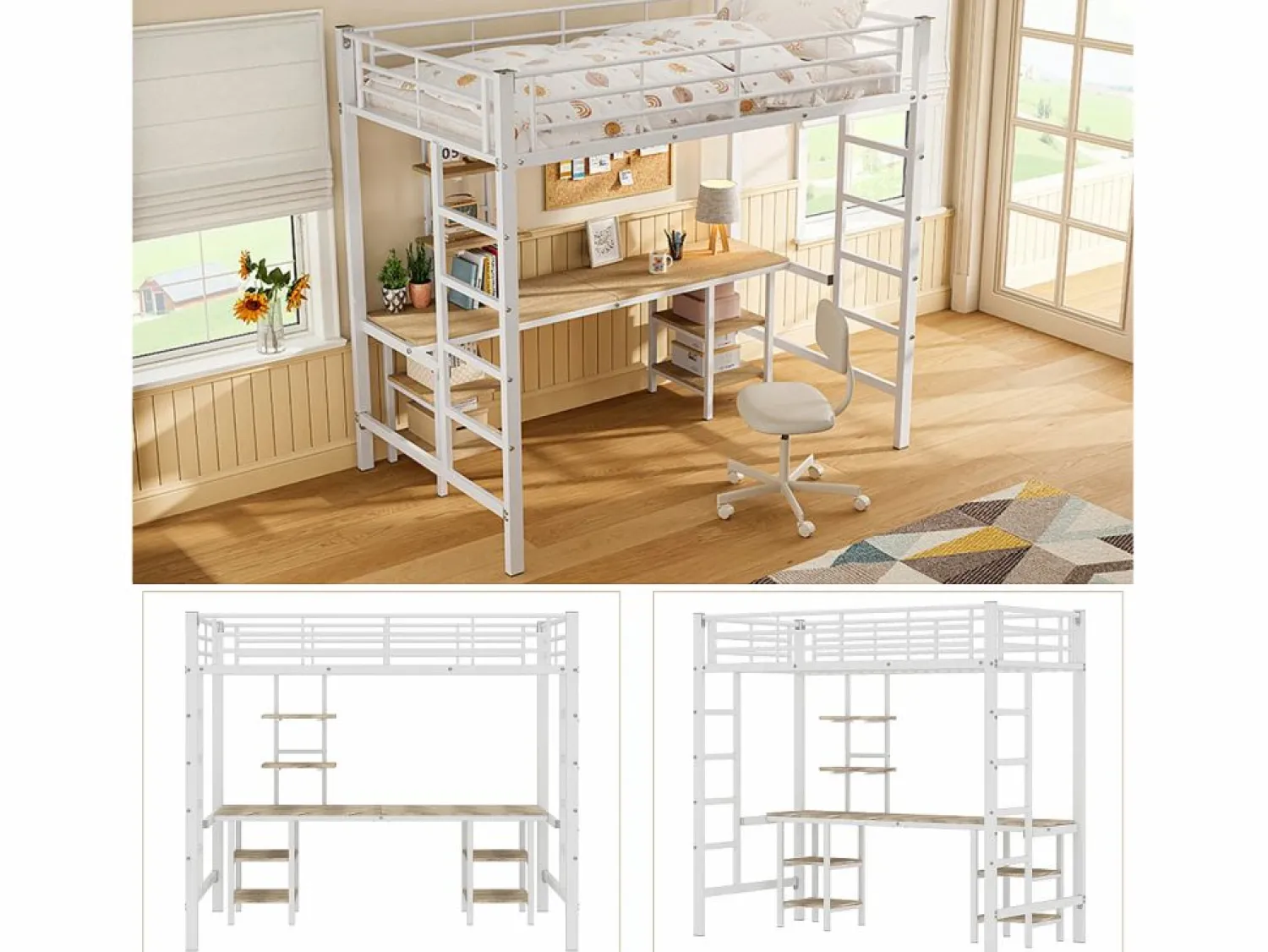 Hot Cama alta infantil - 90 x 200 cm - con mesa y estantes de almacenaje - hierro + MDF - Cama Alta|Cama Infantil