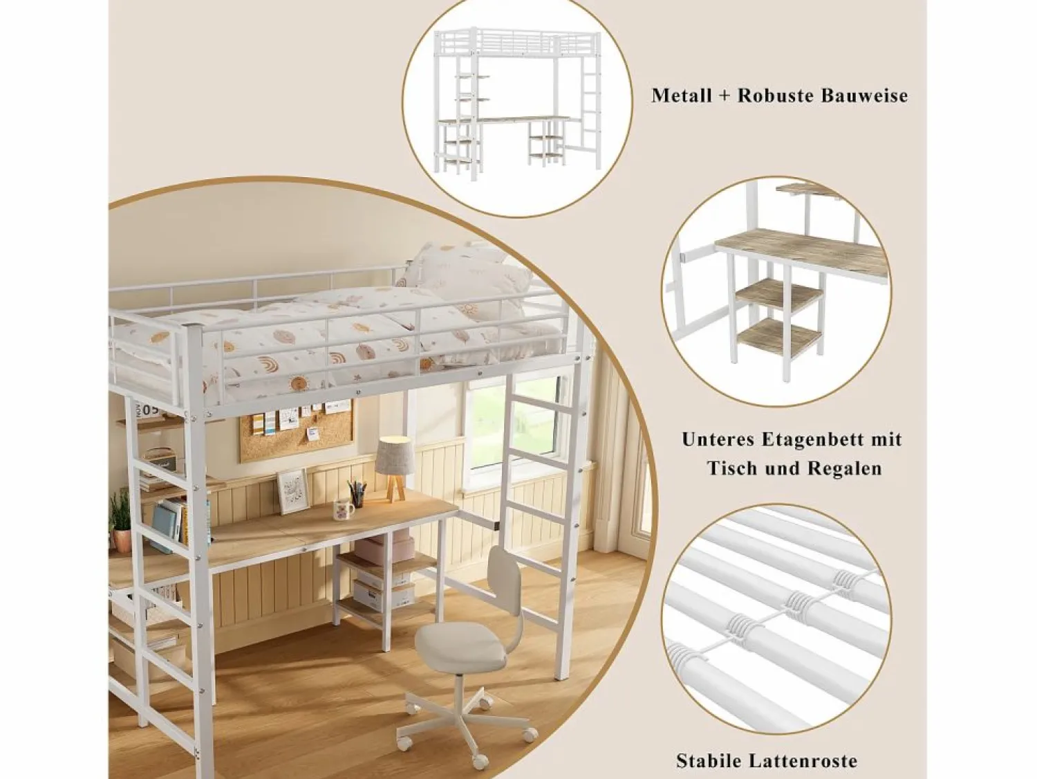 Hot Cama alta infantil - 90 x 200 cm - con mesa y estantes de almacenaje - hierro + MDF - Cama Alta|Cama Infantil