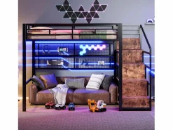 Merax Cama alta infantil - 140 x 200 cm - con armario + almacenaje en el hueco de la escalera + LED - Metal + MDF -