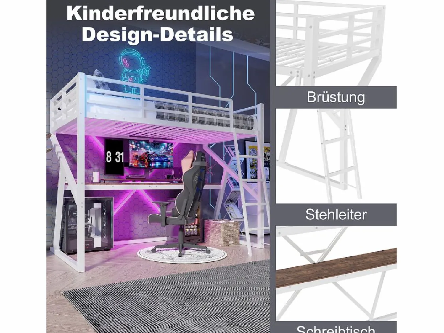 Discount Cama alta infantil - 90 x 200 cm - estructura de hierro - con LED + escalera + escritorio - Metal + MDF - Cama Alta