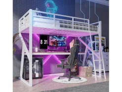 Discount Cama alta infantil - 90 x 200 cm - estructura de hierro - con LED + escalera + escritorio - Metal + MDF - Cama Alta