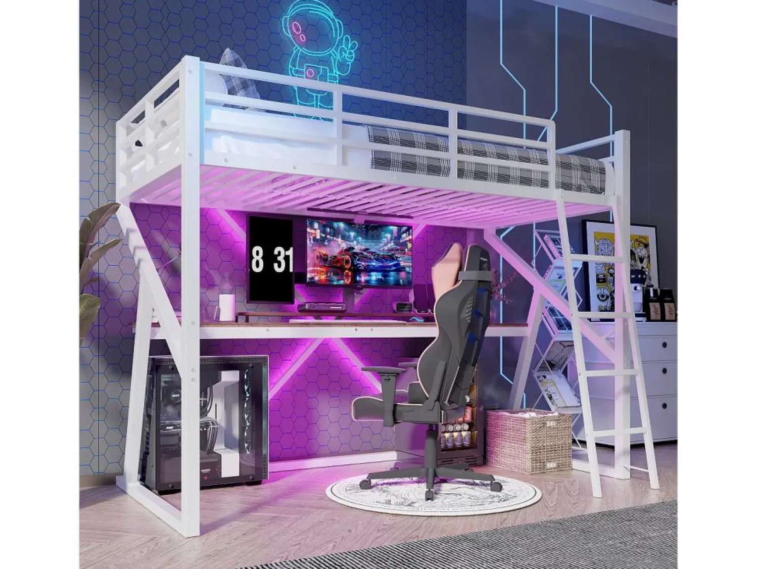 Discount Cama alta infantil - 90 x 200 cm - estructura de hierro - con LED + escalera + escritorio - Metal + MDF - Cama Alta