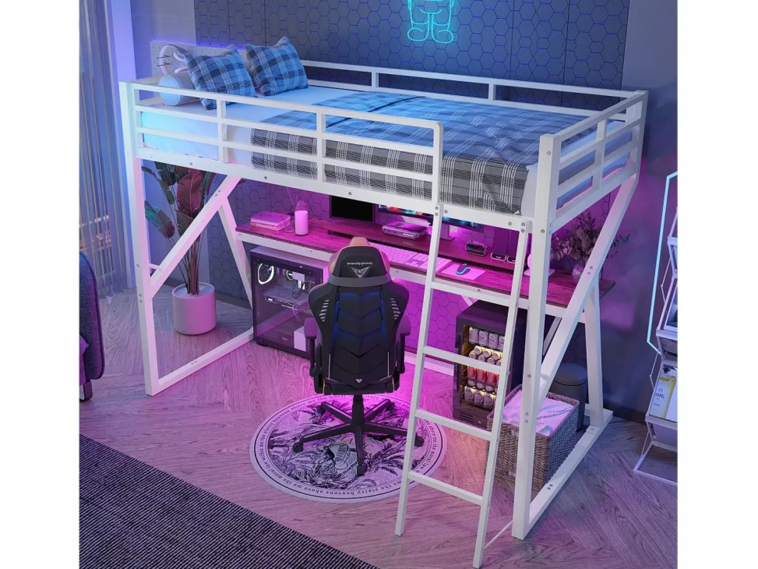Discount Cama alta infantil - 90 x 200 cm - estructura de hierro - con LED + escalera + escritorio - Metal + MDF - Cama Alta