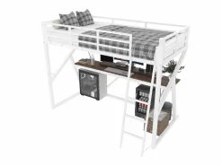 Discount Cama alta infantil - 90 x 200 cm - estructura de hierro - con LED + escalera + escritorio - Metal + MDF - Cama Alta