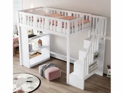 Clearance Merax Cama alta infantil - 90 x 200 cm - con espacio de almacenaje en la escalera y estantería - madera + MDF - Blanco