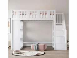 Clearance Merax Cama alta infantil - 90 x 200 cm - con espacio de almacenaje en la escalera y estantería - madera + MDF - Blanco