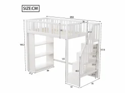 Clearance Merax Cama alta infantil - 90 x 200 cm - con espacio de almacenaje en la escalera y estantería - madera + MDF - Blanco