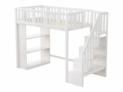 Clearance Merax Cama alta infantil - 90 x 200 cm - con espacio de almacenaje en la escalera y estantería - madera + MDF - Blanco
