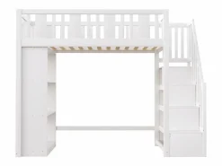 Clearance Merax Cama alta infantil - 90 x 200 cm - con espacio de almacenaje en la escalera y estantería - madera + MDF - Blanco