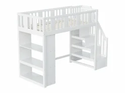 Clearance Merax Cama alta infantil - 90 x 200 cm - con espacio de almacenaje en la escalera y estantería - madera + MDF - Blanco