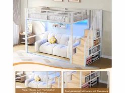 Merax Cama alta infantil - 90 x 200 cm - estructura de hierro - con LED + escalera de almacenaje - metal -
