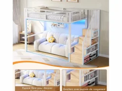 Merax Cama alta infantil - 90 x 200 cm - estructura de hierro - con LED + escalera de almacenaje - metal -