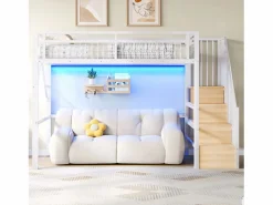 Merax Cama alta infantil - 90 x 200 cm - estructura de hierro - con LED + escalera de almacenaje - metal -