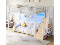 Merax Cama alta infantil - 90 x 200 cm - estructura de hierro - con LED + escalera de almacenaje - metal -