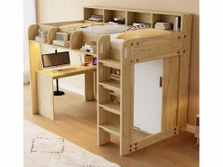 Online Merax Cama alta infantil - 90 x 200 cm - con escritorio + armario + mueble de almacenaje + LED - MDF + aglomerado - natural Color natural claro