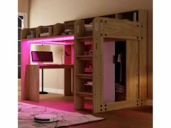 Online Merax Cama alta infantil - 90 x 200 cm - con escritorio + armario + mueble de almacenaje + LED - MDF + aglomerado - natural Color natural claro
