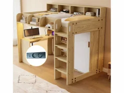 Online Merax Cama alta infantil - 90 x 200 cm - con escritorio + armario + mueble de almacenaje + LED - MDF + aglomerado - natural Color natural claro