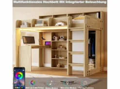 Online Merax Cama alta infantil - 90 x 200 cm - con escritorio + armario + mueble de almacenaje + LED - MDF + aglomerado - natural Color natural claro