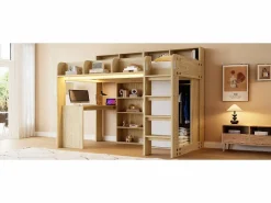 Online Merax Cama alta infantil - 90 x 200 cm - con escritorio + armario + mueble de almacenaje + LED - MDF + aglomerado - natural Color natural claro