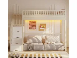 Merax Cama alta infantil - 90 x 200 cm - con escalera de almacenaje + barandilla de seguridad + LED - madera - natural