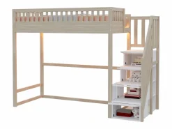 Merax Cama alta infantil - 90 x 200 cm - con escalera de almacenaje + barandilla de seguridad + LED - madera - natural