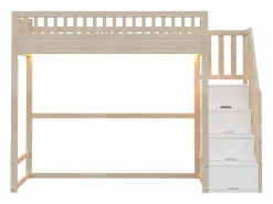 Merax Cama alta infantil - 90 x 200 cm - con escalera de almacenaje + barandilla de seguridad + LED - madera - natural