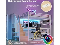 Clearance Cama alta infantil - 90 x 200 cm - estructura de hierro - con estante + LED + escritorio + escalera de almacenaje + USB - metal - Cama Alta|Cama Con Almacenaje