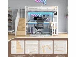 Clearance Cama alta infantil - 90 x 200 cm - estructura de hierro - con estante + LED + escritorio + escalera de almacenaje + USB - metal - Cama Alta|Cama Con Almacenaje