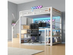 Clearance Cama alta infantil - 90 x 200 cm - estructura de hierro - con estante + LED + escritorio + escalera de almacenaje + USB - metal - Cama Alta|Cama Con Almacenaje