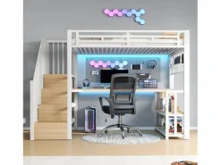 Clearance Cama alta infantil - 90 x 200 cm - estructura de hierro - con estante + LED + escritorio + escalera de almacenaje + USB - metal - Cama Alta|Cama Con Almacenaje
