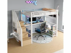 Clearance Cama alta infantil - 90 x 200 cm - estructura de hierro - con estante + LED + escritorio + escalera de almacenaje + USB - metal - Cama Alta|Cama Con Almacenaje