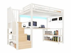 Clearance Cama alta infantil - 90 x 200 cm - estructura de hierro - con estante + LED + escritorio + escalera de almacenaje + USB - metal - Cama Alta|Cama Con Almacenaje