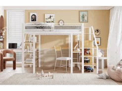Discount Merax Cama alta infantil - 140 x 200 cm - Con escritorio + armario + piecero con almacenaje - Metal - Blanco