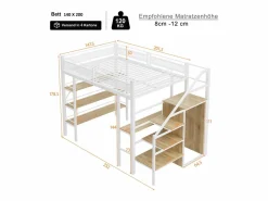 Discount Merax Cama alta infantil - 140 x 200 cm - Con escritorio + armario + piecero con almacenaje - Metal - Blanco