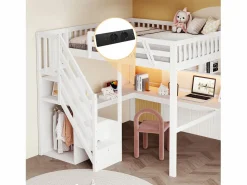Hot Cama alta infantil - 140 x 200 cm - con escalera de almacenaje + escritorio + puerto USB + LED - madera - Cama Alta