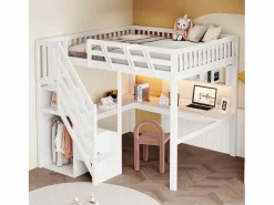 Hot Cama alta infantil - 140 x 200 cm - con escalera de almacenaje + escritorio + puerto USB + LED - madera - Cama Alta