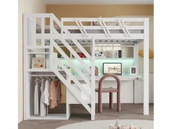 Hot Cama alta infantil - 140 x 200 cm - con escalera de almacenaje + escritorio + puerto USB + LED - madera - Cama Alta