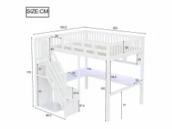 Hot Cama alta infantil - 140 x 200 cm - con escalera de almacenaje + escritorio + puerto USB + LED - madera - Cama Alta