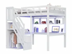 Hot Cama alta infantil - 140 x 200 cm - con escalera de almacenaje + escritorio + puerto USB + LED - madera - Cama Alta