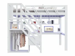 Hot Cama alta infantil - 140 x 200 cm - con escalera de almacenaje + escritorio + puerto USB + LED - madera - Cama Alta