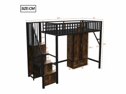 Hot Cama alta infantil de 90 x 200 cm con armario, cajones y escalera de almacenaje - Metal y madera - Negra Cama Alta