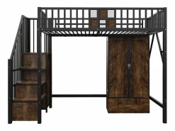 Hot Cama alta infantil de 90 x 200 cm con armario, cajones y escalera de almacenaje - Metal y madera - Negra Cama Alta