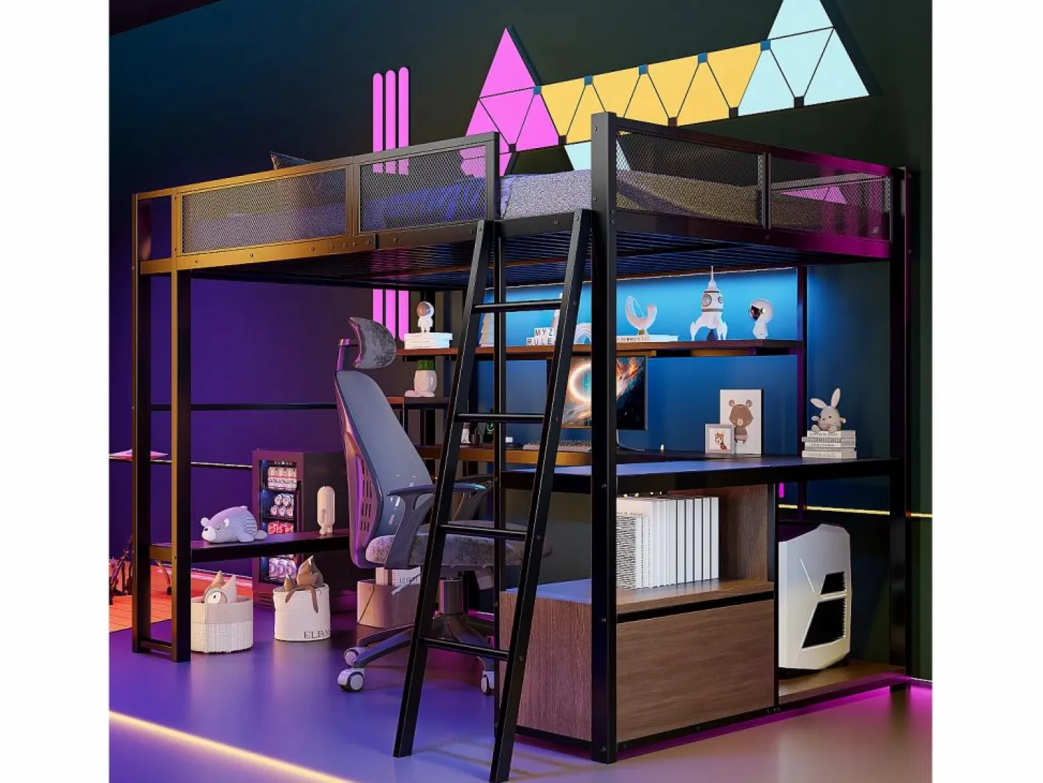 Sale Merax Cama alta infantil de metal - 140 x 200 cm - con escritorio integrado + LED + almacenaje - negra Negro