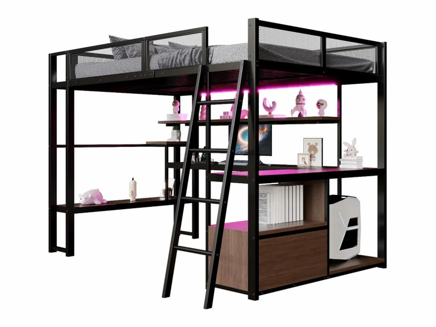 Sale Merax Cama alta infantil de metal - 140 x 200 cm - con escritorio integrado + LED + almacenaje - negra Negro