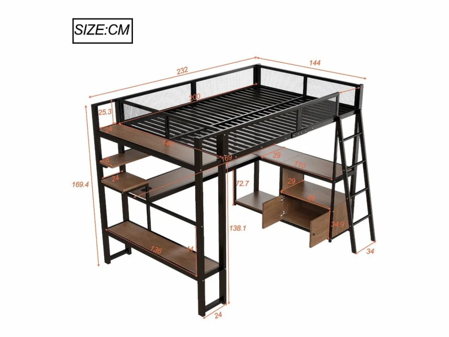 Sale Merax Cama alta infantil de metal - 140 x 200 cm - con escritorio integrado + LED + almacenaje - negra Negro