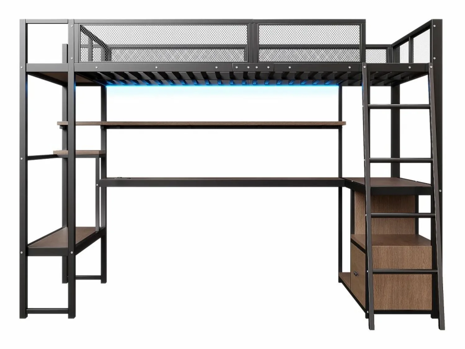 Sale Merax Cama alta infantil de metal - 140 x 200 cm - con escritorio integrado + LED + almacenaje - negra Negro