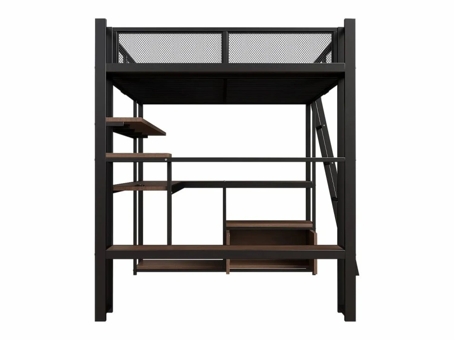 Sale Merax Cama alta infantil de metal - 140 x 200 cm - con escritorio integrado + LED + almacenaje - negra Negro